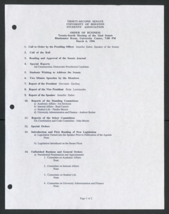 Thirty-second Senate, University of Houston, Students' Association, Order of Business [Agenda], Twenty-fourth Meeting, March 6, 1996