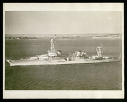 USS Houston (CA-30) flying the flags of President Franklin D. Roosevelt and Admiral W.D. Leahy, Chief of Naval Operations, during Fleet Problem 20, taken from the air