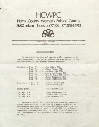 Harris County Women's Political Caucus, October 1974
