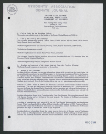 Senate Journal, Vol. 1, Twenty-sixth Senate Students' Association, University of Houston, First Meeting, Spring Senate, January 29, 1990