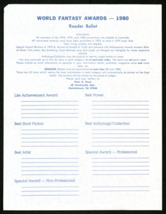 World Fantasy Awards 1980, Reader Ballot