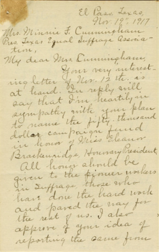 Letter from Belle C. Critchett to Minnie Fisher Cunningham, regarding the fundraising efforts for Suffrage