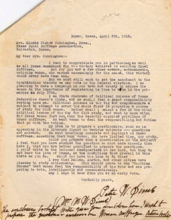 Letter from Pattie W. Simms to Mrs. Minnie Fisher Cunningham