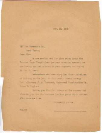 Letter from Maurice J. Sullivan to William Cameron & Co., 1925 December 23