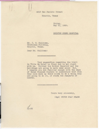 Letter from Peter Gray Sears to J. S. Cullinan, 1929 May 31