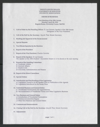 Twenty-ninth Senate, University of Houston, Students' Association, Order of Business, First Meeting, April 20, 1992