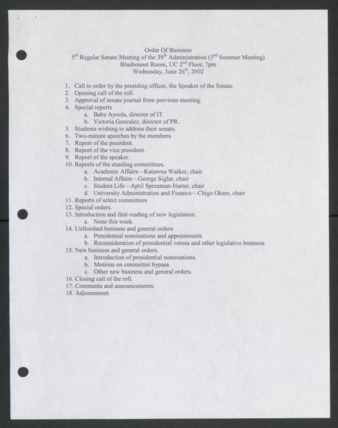 Order of Business [Agenda], 5th Senate Meeting of the 39th Administration, June 26, 2002