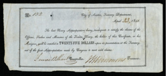 Treasury Department certificate entitling the holder to $25