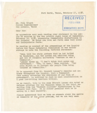 Letter from E. O. Walker to police commissioner Phil Wright, 1938 February 17