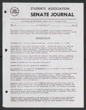 Senate Journal, Eleventh Senate, University of Houston Student Government Association, Minutes, Vol. 11, No. 25, November 18, 1974