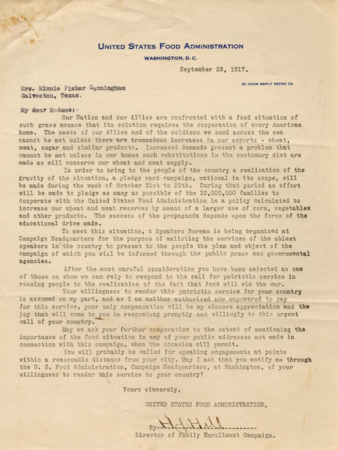 Letter from the United States Food Administration to Mrs. Minnie Fisher Cunningham