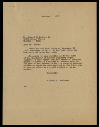 Correspondence between Edward L. Booker, Jr. and Clanton W. Williams, requesting permisson to audit an evening physics class