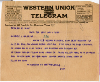 Telegram from Wm. Cameron Co. Inc. Wholesale to Maurice J. Sullivan