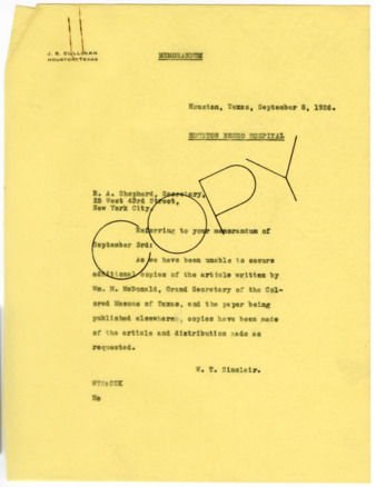 Memorandum from W. T. Sinclair to R. A. Shepherd, 1926 September 8