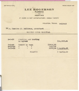 Balance statement to Maurice J. Sullivan, 1926 August 19