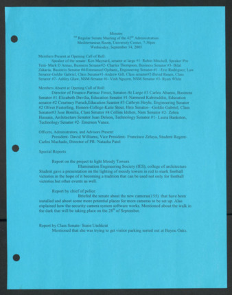 Order of Business Minutes, 6th Senate Meeting of the 42nd Administration, September 14, 2005