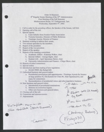 Order of Business [Agenda], 8th Senate Meeting of the 39th Administration, September 4, 2002
