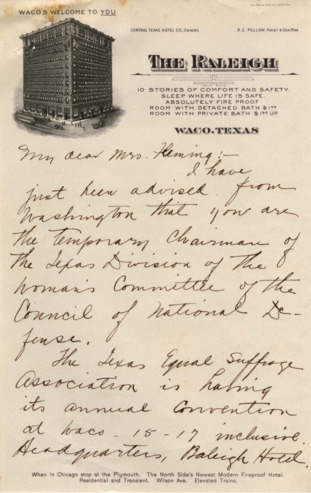 Letter from Minnie Fisher Cunningham to Mrs. Fleming