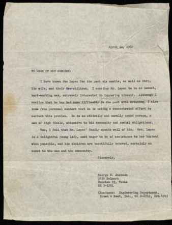 Letter of Reference, George R. Jackson regarding Jose R. and Mary F. Lopez