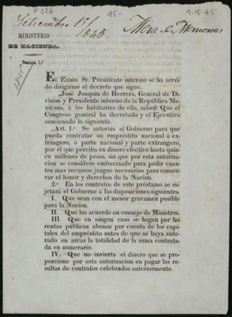 General announcement from José Joaquin de Herrera to the inhabitants of Mexico, September 15, 1845