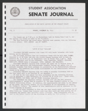 Senate Journal, Third Senate, University of Houston Student Government Association, Minutes, Vol. 3, No. 22, November 28, 1966