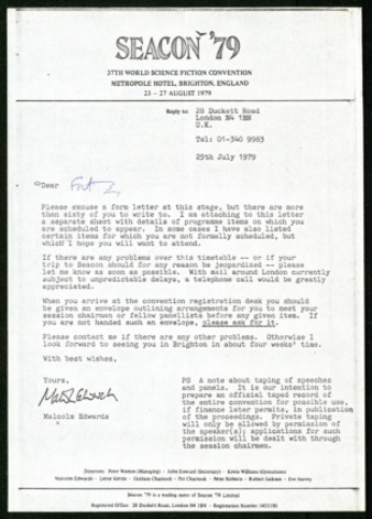 Letter from Malcolm Edwards to Fritz Leiber, regarding his scheduled appearance at Seacon '79