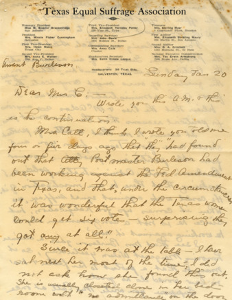 Letter from Elizabeth Herndon Potter to Minnie Fisher Cunningham, about Postmaster General Burleson against women's suffrage