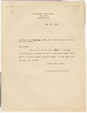 Letter from Maurice J. Sullivan to contractors preparing bids on Houston Negro Hospital, 1925 December 31