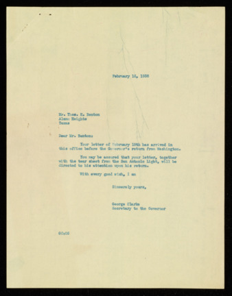 Letter from George Clarke to Thomas H. Benton, 1938 February 16