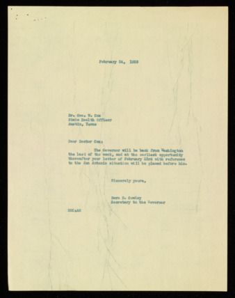 Letter from Dero D. Cowley to George W. Cox, 1938 February 24