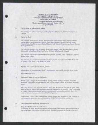 Thirty-seventh Senate, University of Houston Student Government Association, Order of Business [Minutes], Eleventh Meeting, August 30, 2000