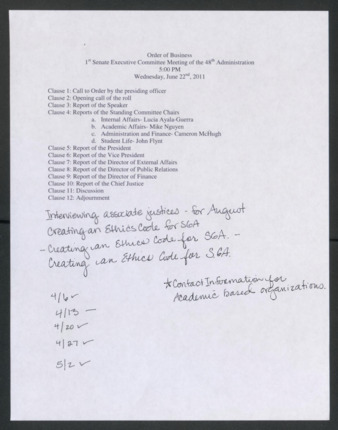 Order of Business [Agenda], 1st Executive Committee Meeting of the 48th Administration, June 22, 2011