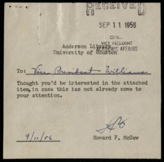 Memorandum from Howard F. McGaw to Clanton W. Williams, concerning possible interest in attached items (not included with this memorandum)