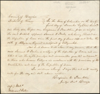 Certificate of citizenship granted to Samuel Fowler