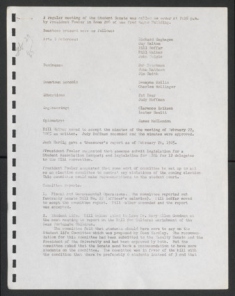 First Senate, University of Houston Student Government Association, Minutes, February 26, 1965