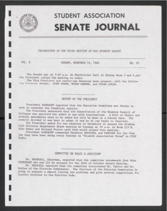 Senate Journal, Third Senate, University of Houston Student Government Association, Minutes, Vol. 3, No. 20, November 14, 1966