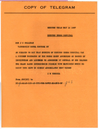 Telegram from I. M. Terrell to J. S. Cullinan