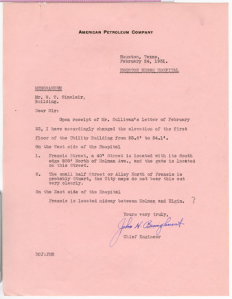 Memorandum from John H. Bringhurst to W. T. Sinclair, 1931 February 24