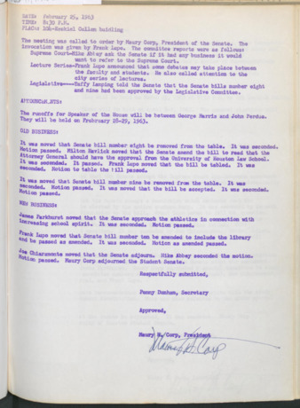Hardbound Senate Journal, Student Senate, Minutes, February 25, 1963