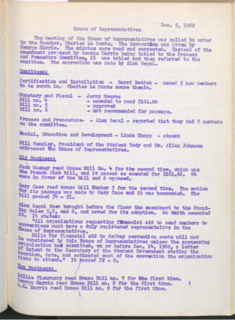 Hardbound Senate Journal, House of Representatives, Minutes, December 5, 1962