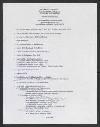 Twenty-ninth Senate, University of Houston, Students' Association, Order of Business [Agenda], Twelfth Meeting, October 26, 1992