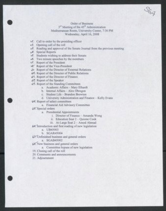 Order of Business, 3rd Senate Meeting of the 45th Administration, April 16, 2008