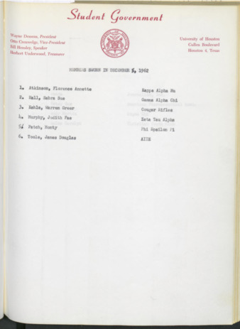Hardbound Senate Journal, Student Government Representatives Sworn in December 5, 1962