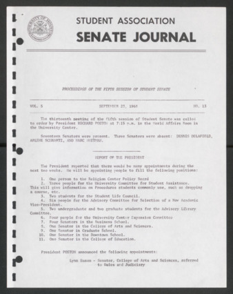 Senate Journal, Fifth Senate, University of Houston Student Government Association, Minutes, Vol. 5, No. 13, September 23, 1968