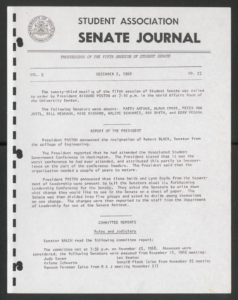 Senate Journal, Fifth Senate, University of Houston Student Government Association, Minutes, Vol. 5, No. 23, December 2, 1968