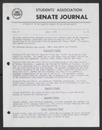 Senate Journal, Eleventh Senate, University of Houston Student Government Association, Minutes, Vol. 11, No. 10, July 1, 1974