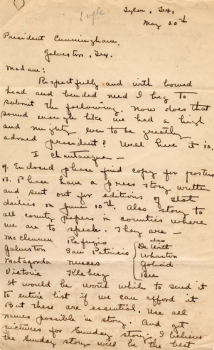 Letter to Minnie Fisher Cunningham, instructed to advertise the speaking engagements in the county papers