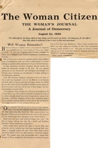 Will Women Remember?,  Woman Citizen, August 24, 1918