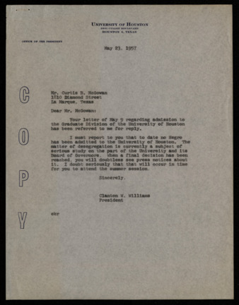Correspondence between Neal D. Buffaloe, Joseph Norman Manley, Curtis B. McGowan, Charles R. Stewart, Ramon A. Vitulli, and Clanton W. Williams, regarding admission into the university