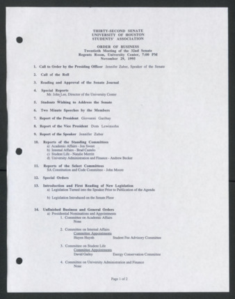 Thirty-second Senate, University of Houston, Students' Association, Order of Business [Agenda], Twentieth Meeting, November 29, 1995